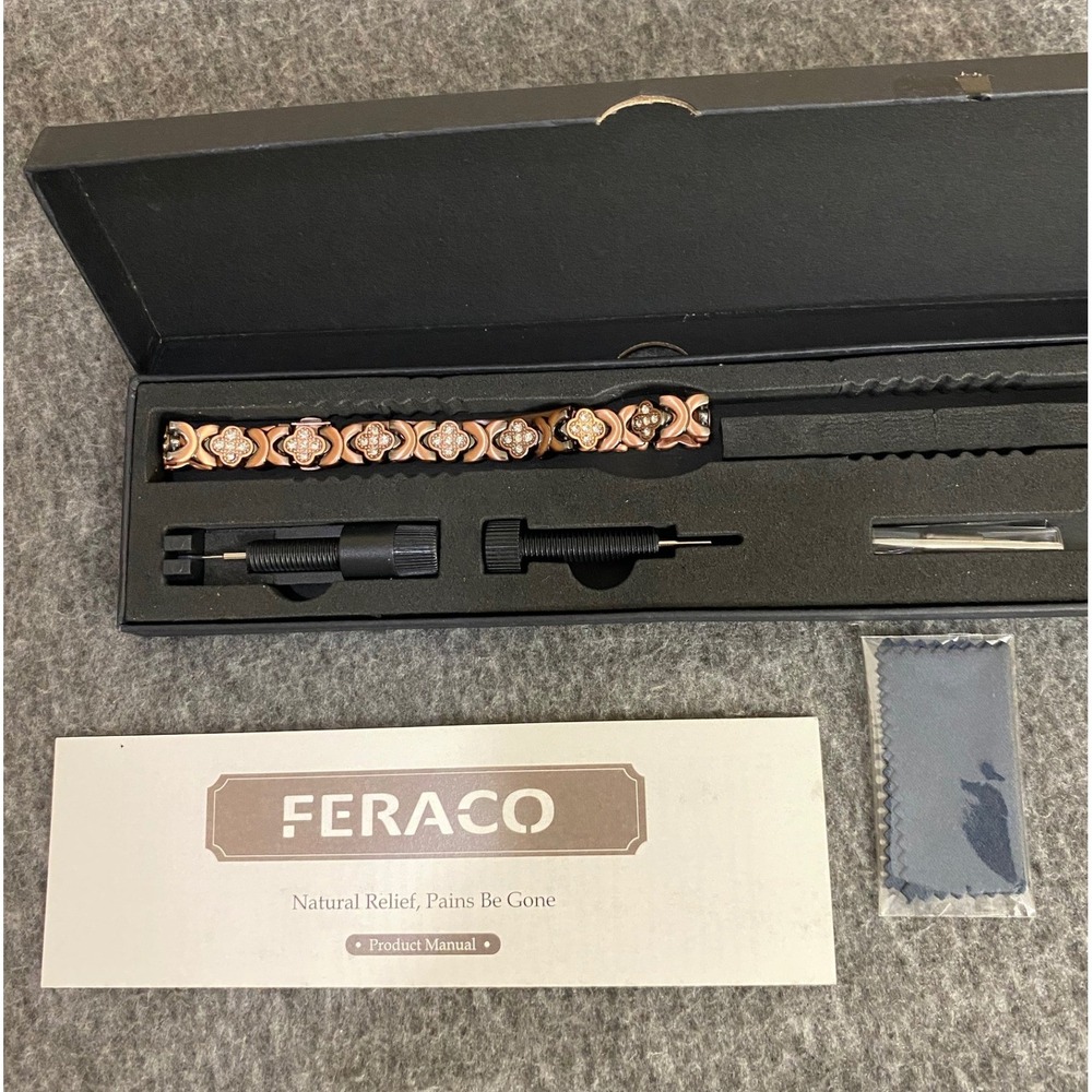 Feraco Womens Magnetic Therapy Bracelet Rose Gold Clover Crystal Link with Tool